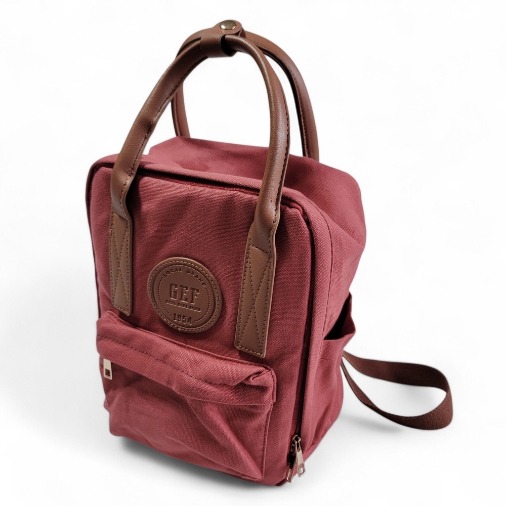 Coral Red Canvas Mini Backpack with Brown‎ Faux Leather Handles